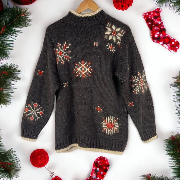B.I. Gear Vintage Snowflake Mock Neck Sweater Wool Angora Blend Gray Red Medium - Picture 6 of 6